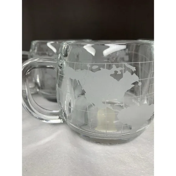 4 Vintage 1970s Nestle Nescafe World Globe Map Etched Clear Glass Coffee Mugs - Picture 3 of 5